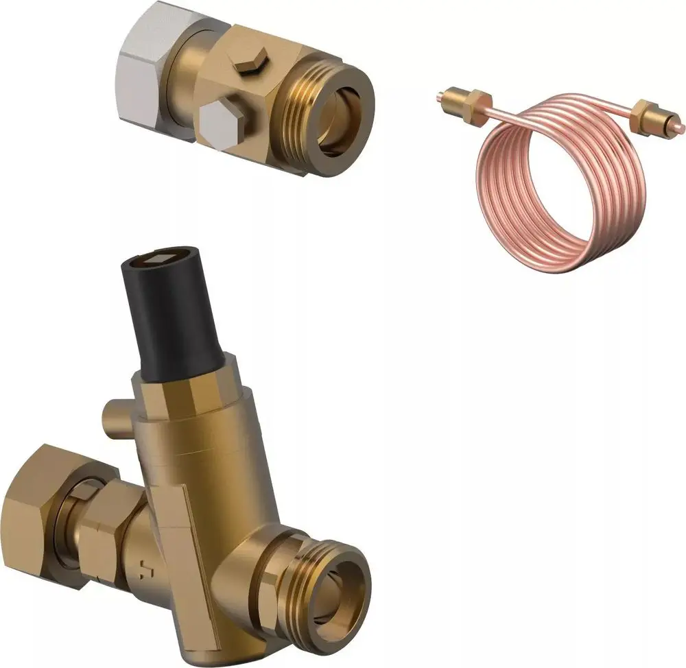 Vario Differenzdruckregler von Uponor, bestehend aus einem Regelventil und einer Kupferrohrspirale, für präzise Druckregelung in Heizungs- oder Kühlsystemen.